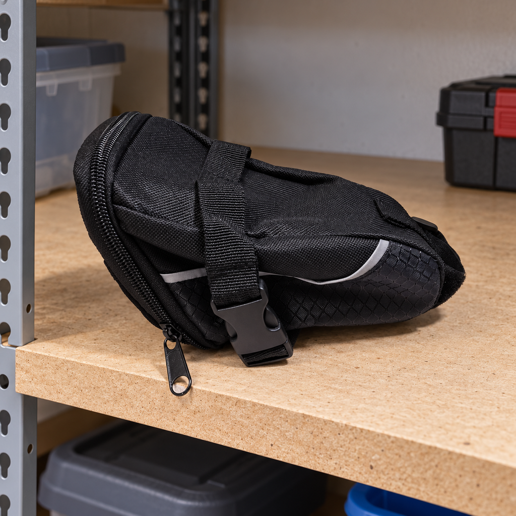AI-generated lifestyle illustration of the closed unmounted black Schwinn seat pack on an equipment shelf; background props not included.