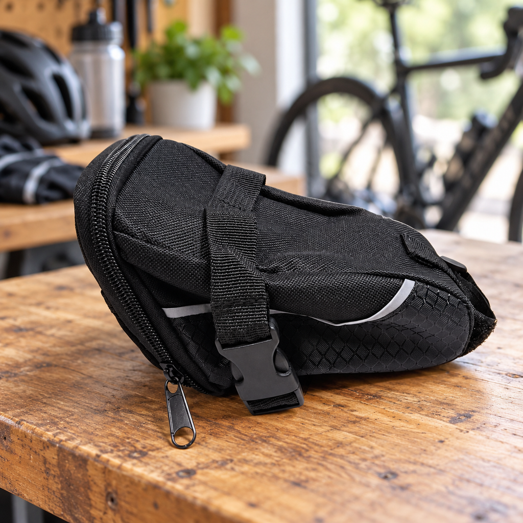 AI-generated lifestyle illustration of the closed unmounted black Schwinn seat pack on a gear bench; background props not included.