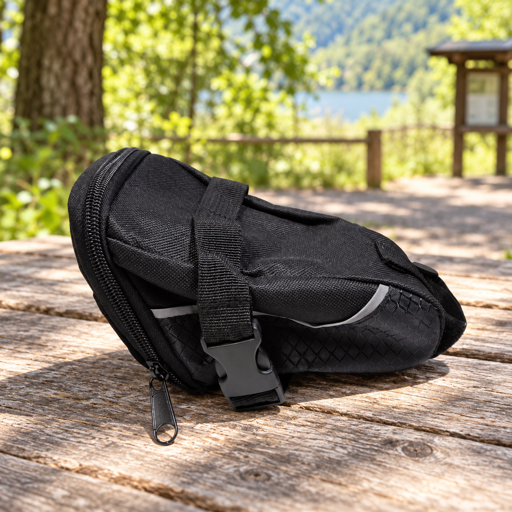 AI-generated lifestyle illustration of the closed unmounted black Schwinn seat pack on a trail table; background props not included.