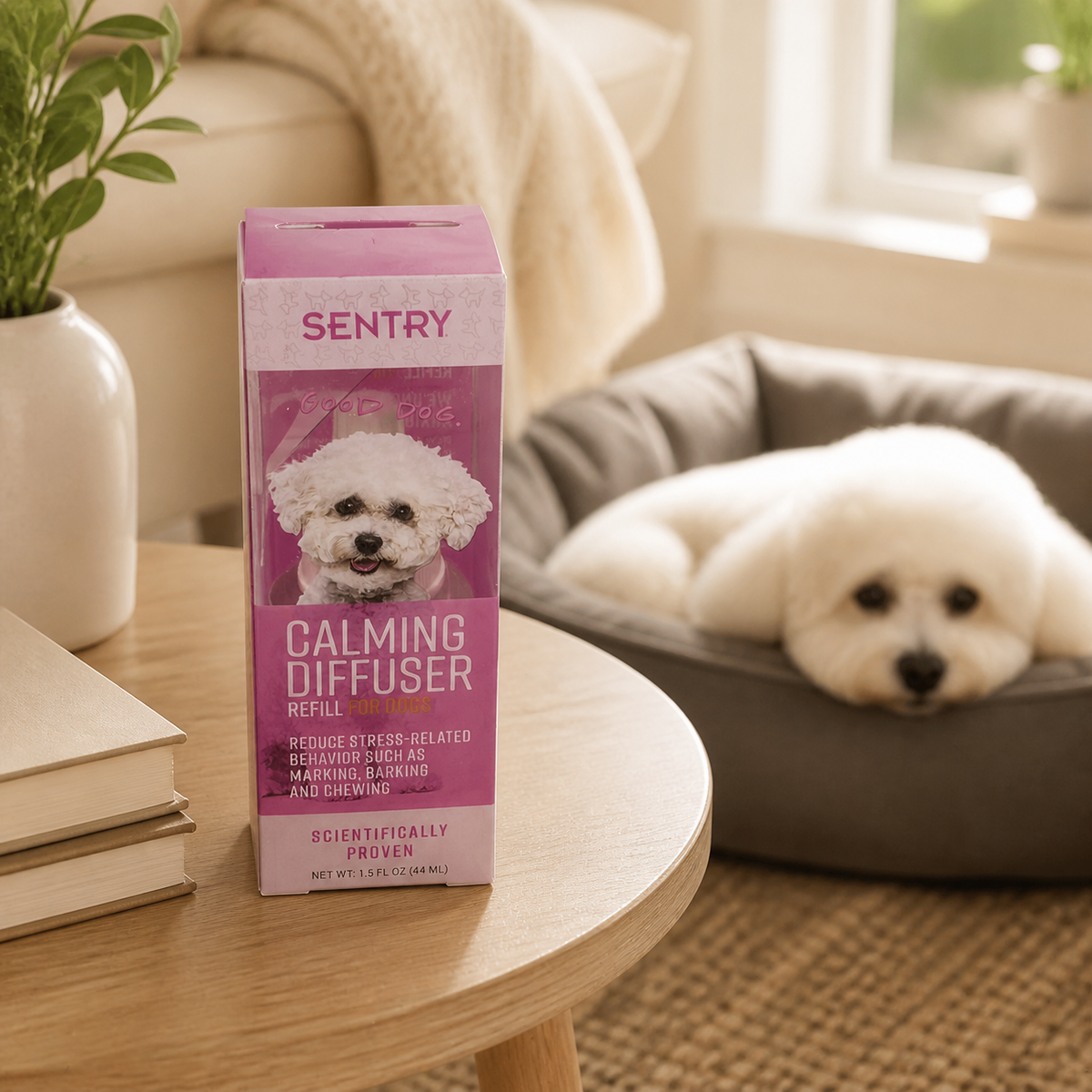 SENTRY dog calming diffuser refill beside a relaxed dog bed – AI lifestyle image