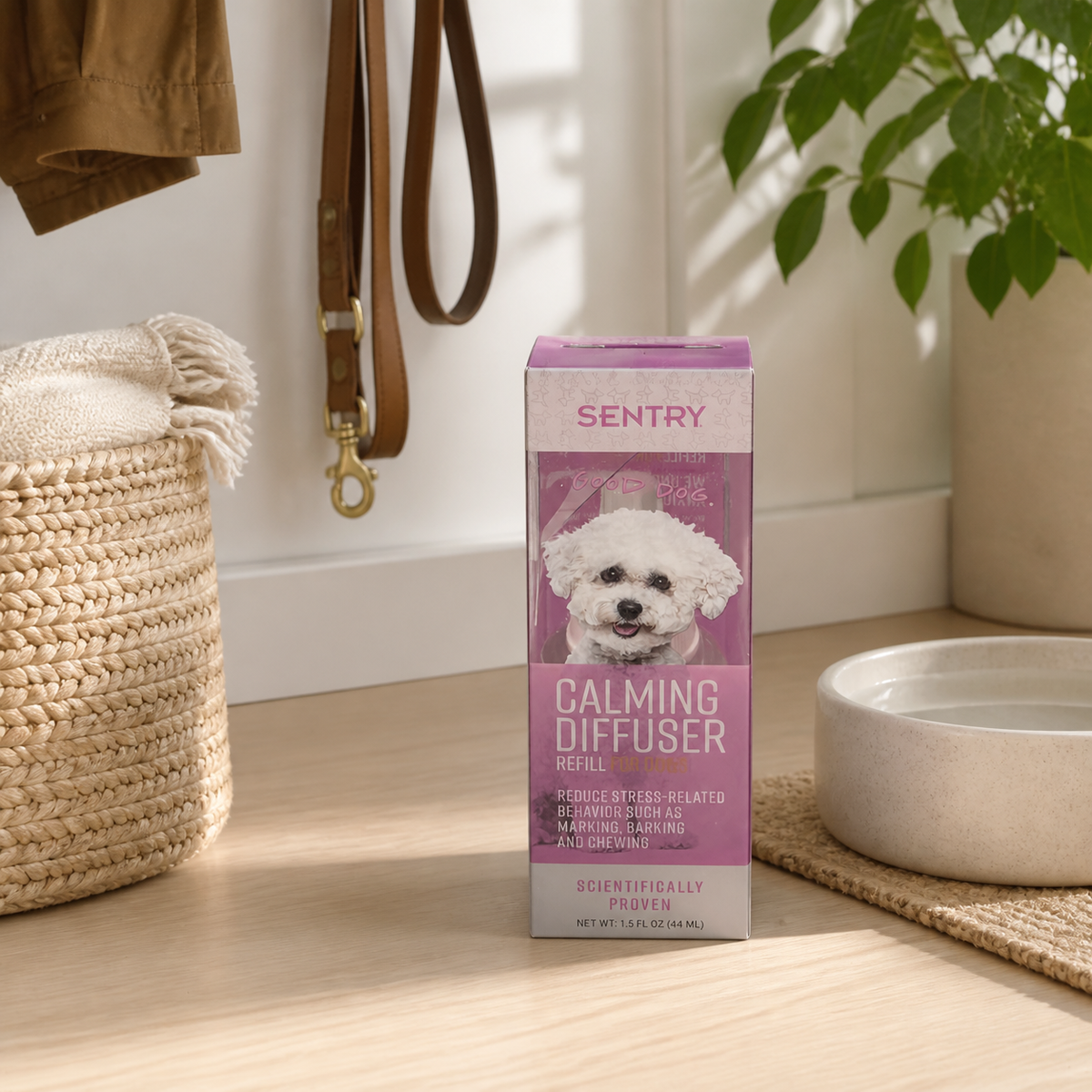 SENTRY dog calming diffuser refill in a clean pet entryway – AI lifestyle image