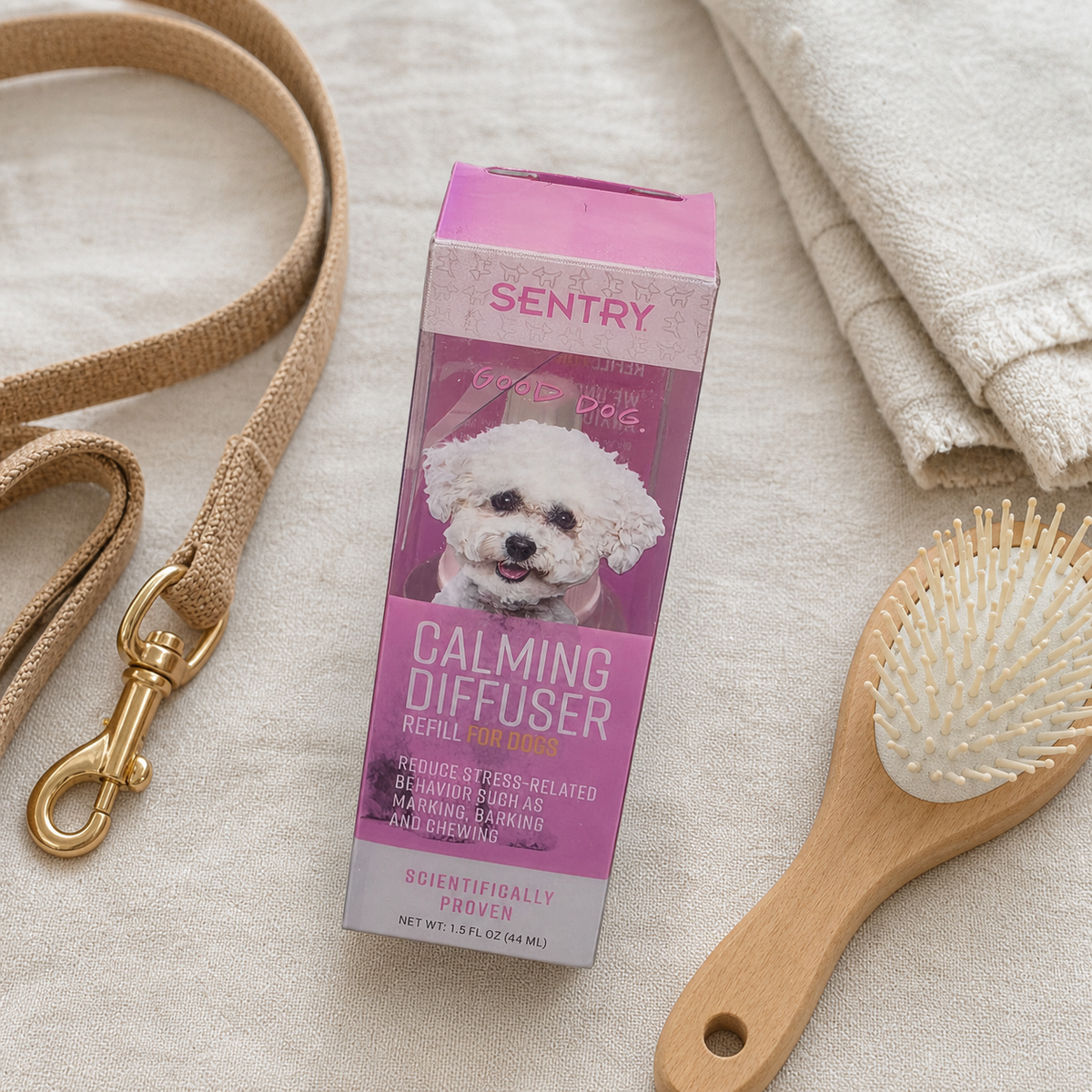 SENTRY dog calming diffuser refill with leash and grooming brush – AI lifestyle image