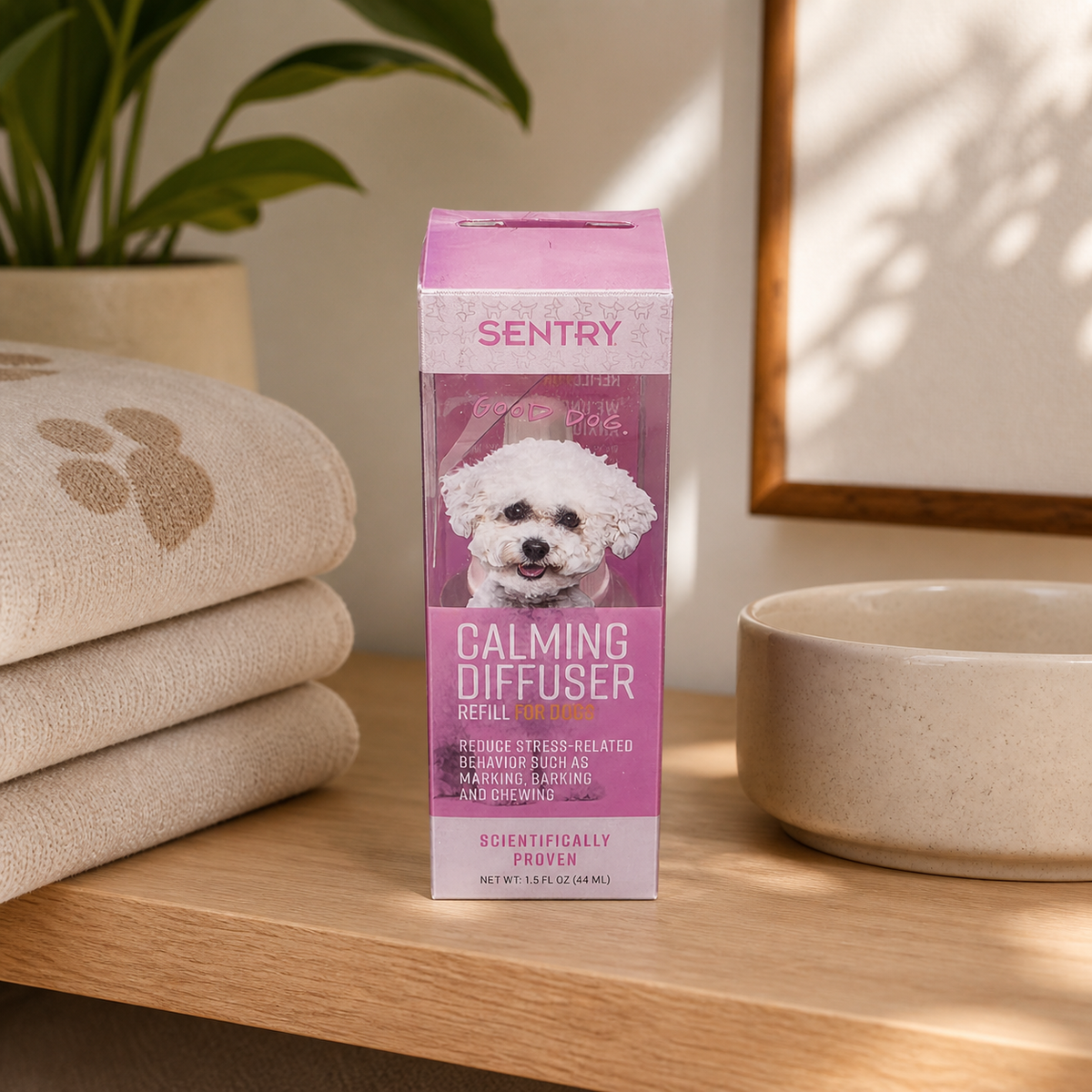 SENTRY dog calming diffuser refill in organized pet-care shelf setting – AI lifestyle image