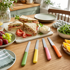AI-generated context image showing generic colorful serrated knives at a lunch table; not exact inventory