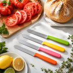 AI-generated context image showing generic colorful serrated knives with tomatoes and bread; not exact inventory