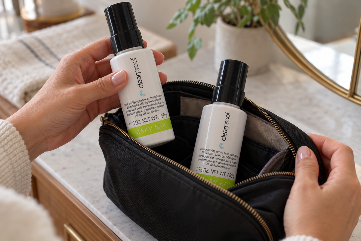 Two Mary Kay Clear Proof serum bottles being packed into a toiletry pouch.