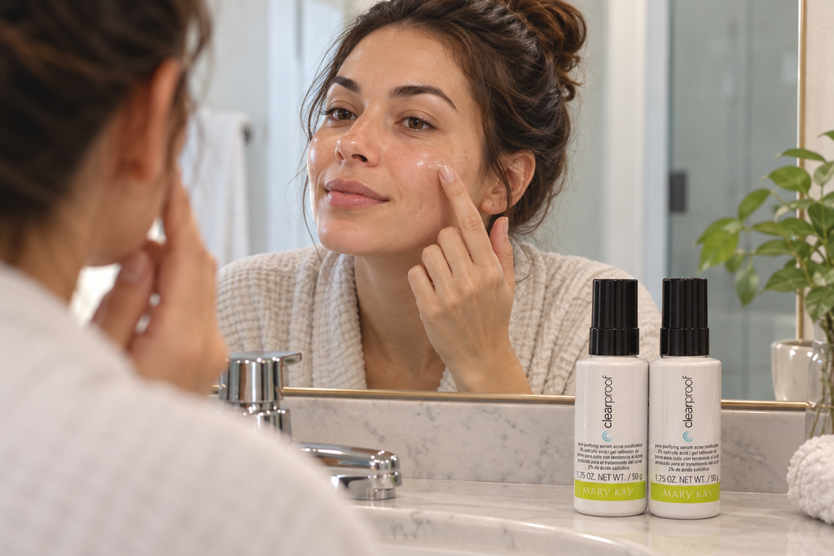 Two Mary Kay Clear Proof serum bottles beside an adult's skincare routine.