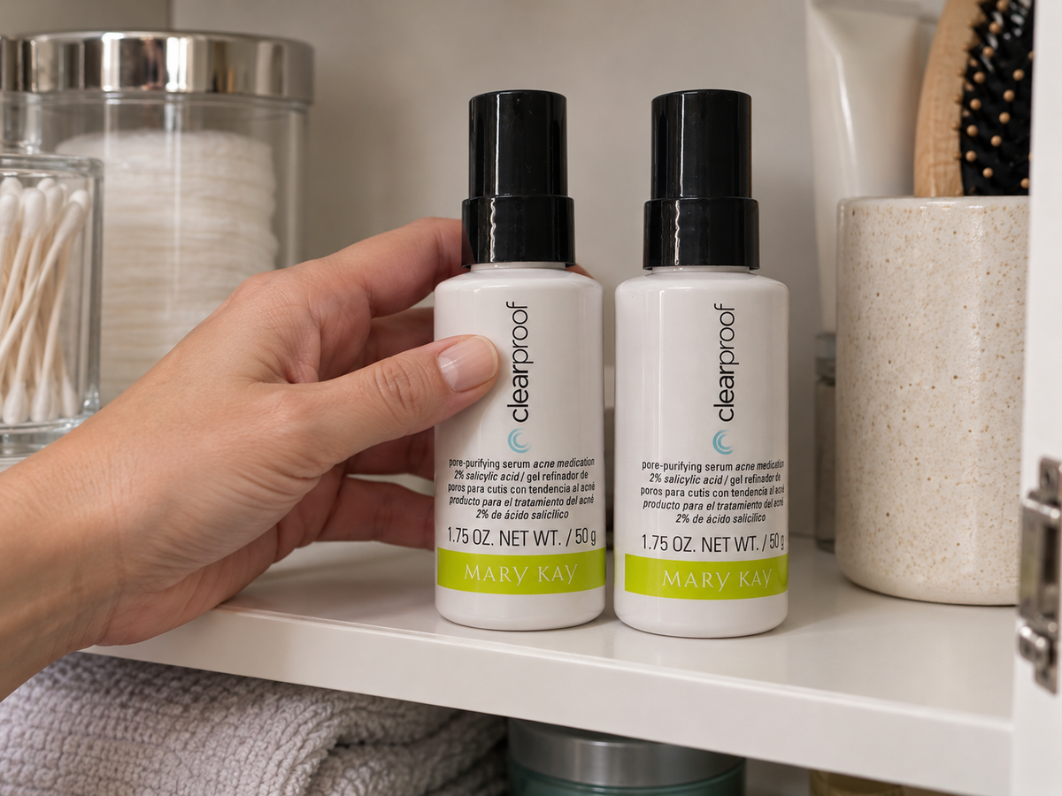 Two Mary Kay Clear Proof serum bottles being placed on a bathroom cabinet shelf.