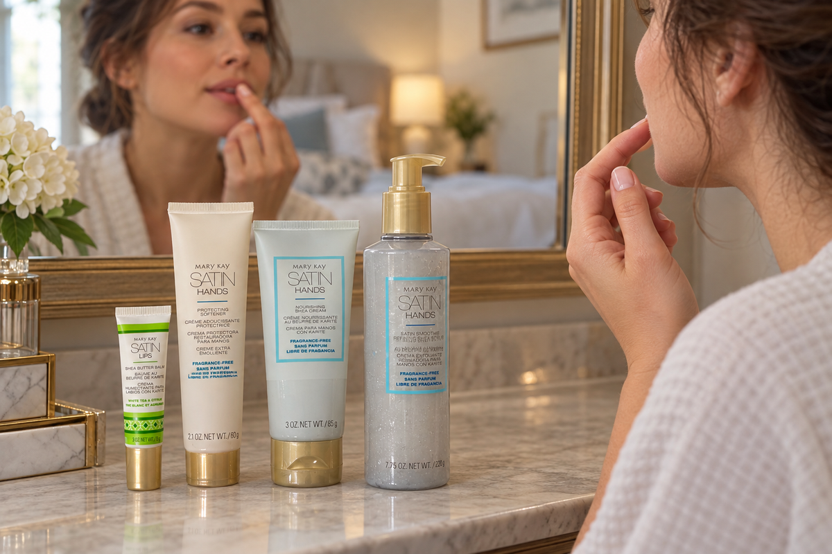 Satin Lips shea balm and the Satin Hands set beside an adult's lip-care routine.