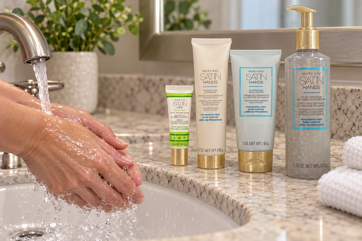 Hands being rinsed beside the Mary Kay Satin Hands shea set and Satin Lips balm.