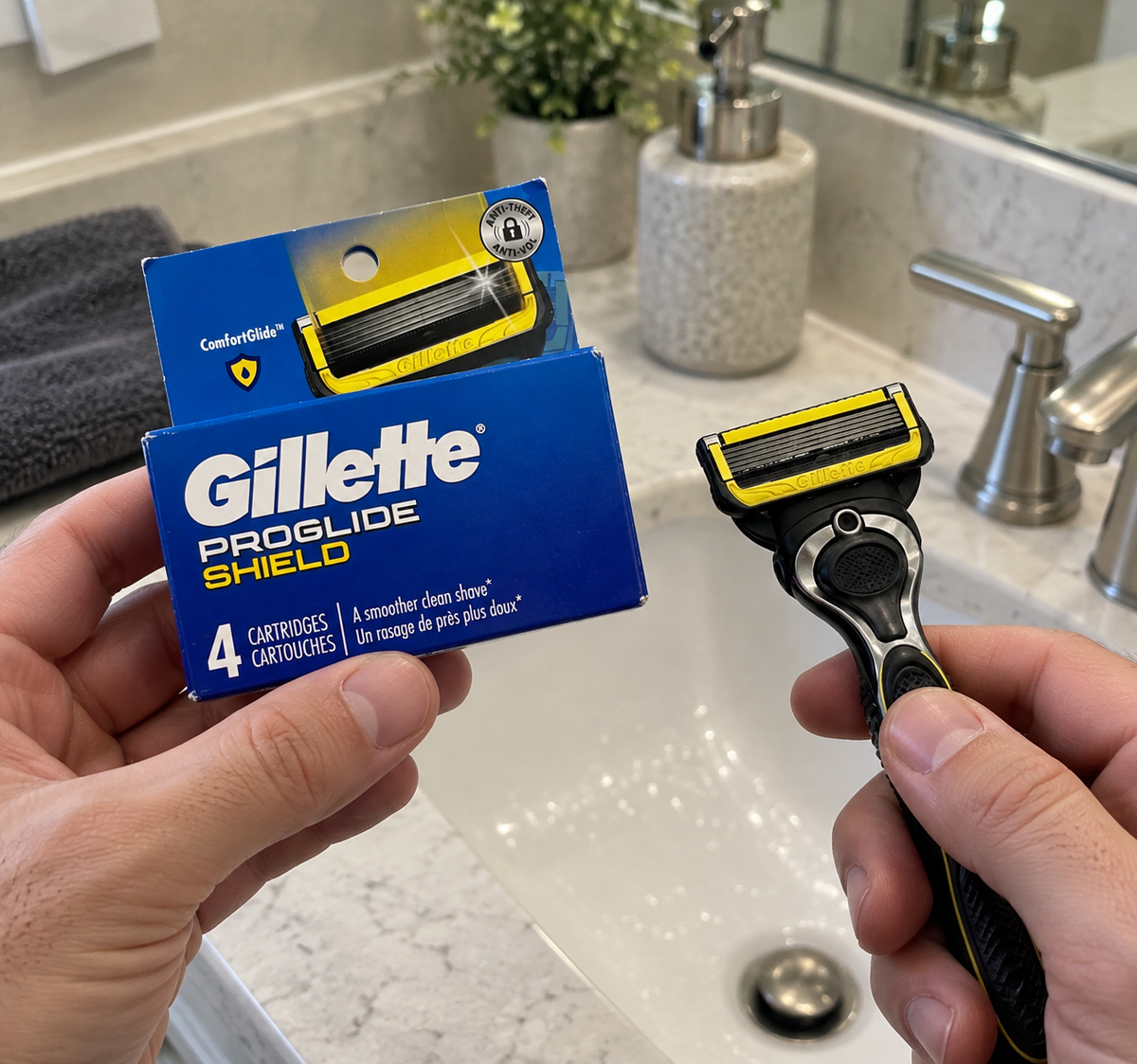 Hands preparing a compatible razor beside a blue Gillette ProGlide Shield four-refill pack.