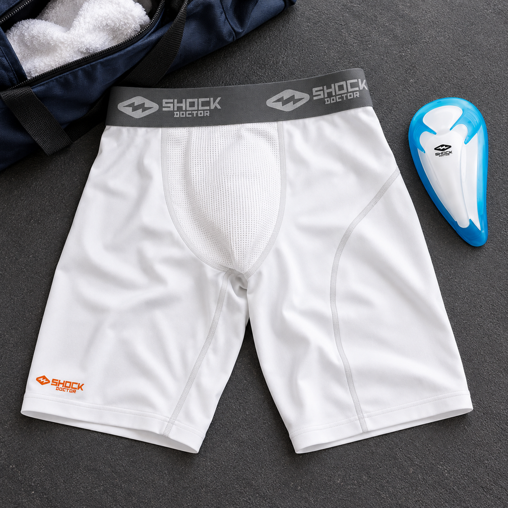 AI-generated lifestyle illustration of white Shock Doctor youth XL compression shorts and a blue-and-white BioFlex cup beside a navy sports bag.