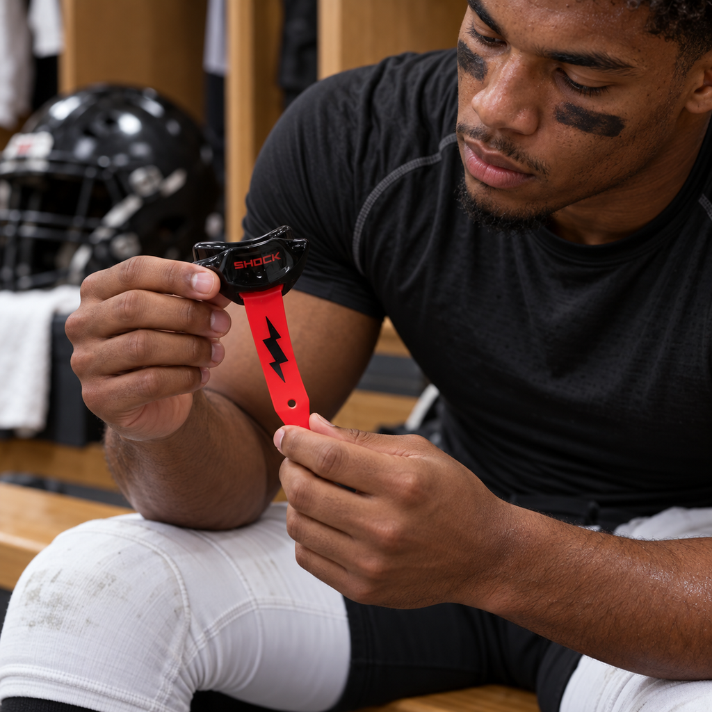 Inspecting a black and red Shock Doctor Thunder Bolt lip guard before practice