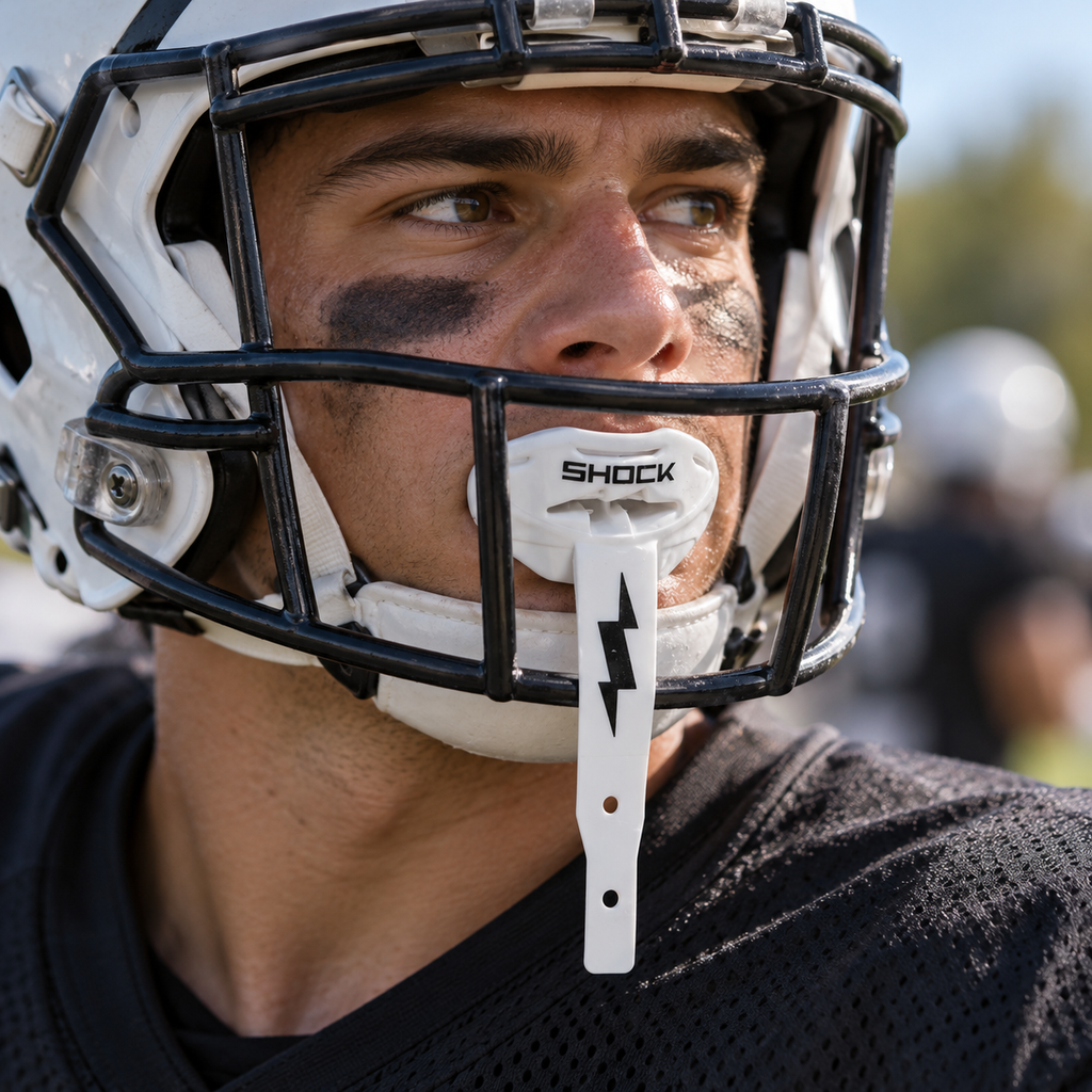 Adult football player wearing a white Shock Doctor Thunder Bolt lip guard at practice