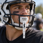 Adult football player wearing a white Shock Doctor Thunder Bolt lip guard at practice