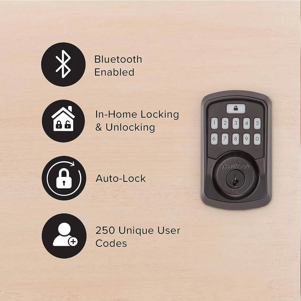 A dark gray electronic keypad door lock shown on a light wood background, with four black circular feature icons listing Bluetooth enabled, in-home locking and unlocking, auto-lock, and 250 unique user codes.