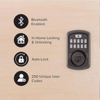 A dark gray electronic keypad door lock shown on a light wood background, with four black circular feature icons listing Bluetooth enabled, in-home locking and unlocking, auto-lock, and 250 unique user codes.