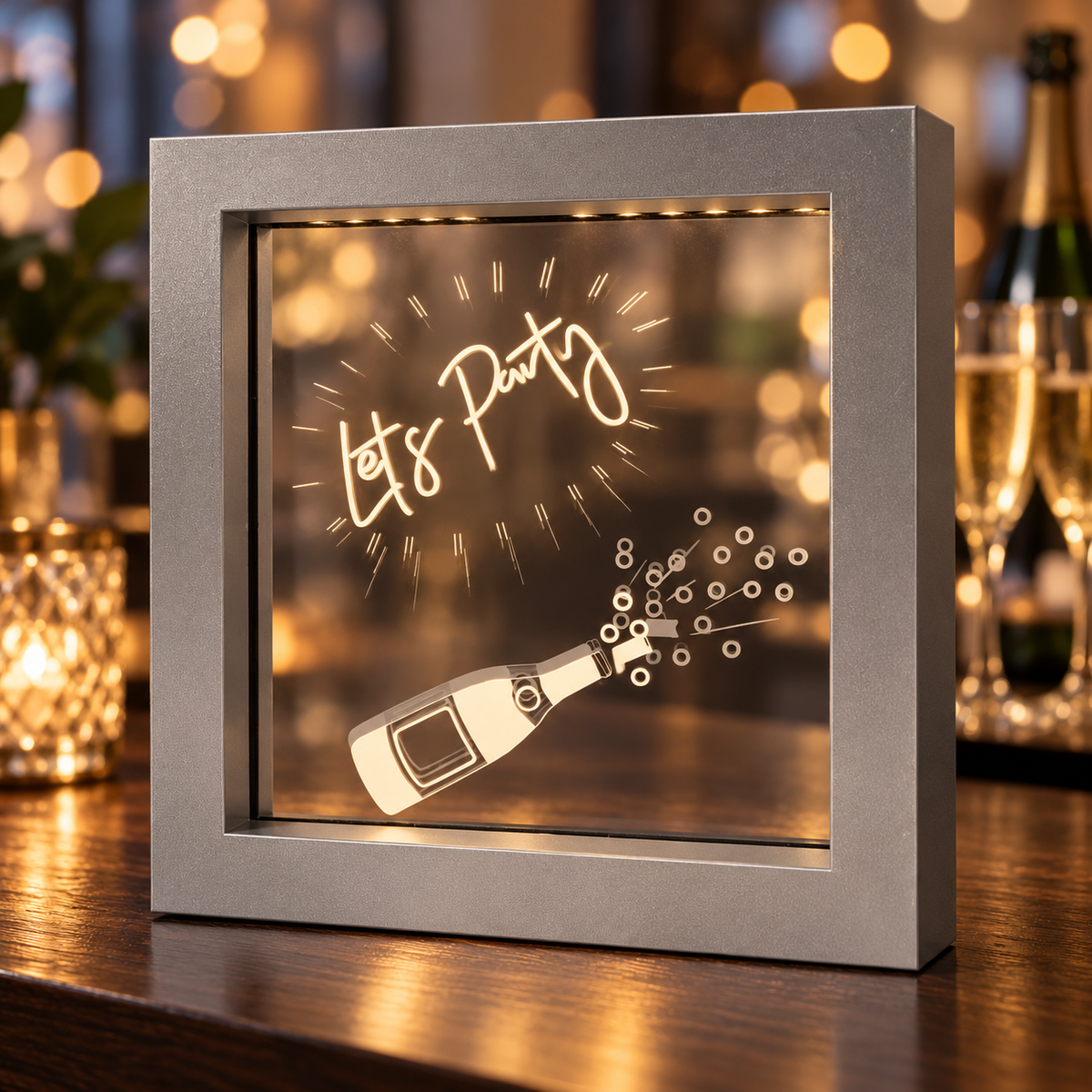 AI-generated lifestyle illustration of the silver Let's Party LED light box on a home bar table; background accessories not included.