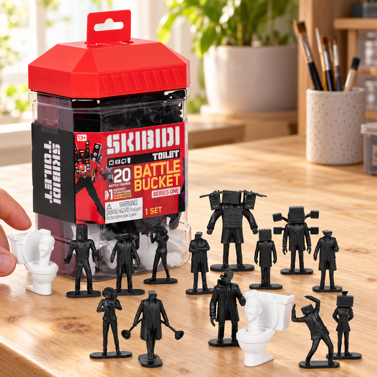 AI-staged Skibidi Toilet Battle Bucket with illustrative figures arranged on a table; mystery character varies