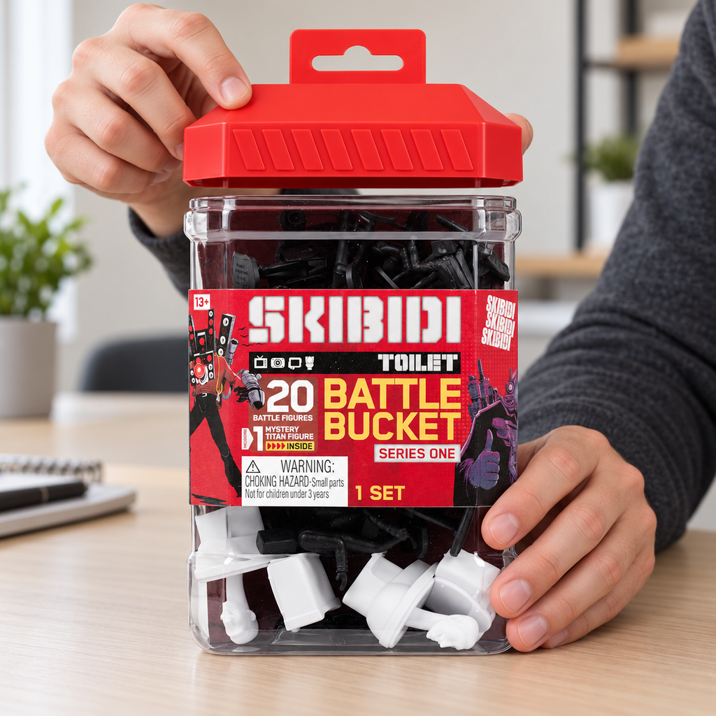 AI-staged view of lifting the red lid of the Skibidi Toilet Battle Bucket