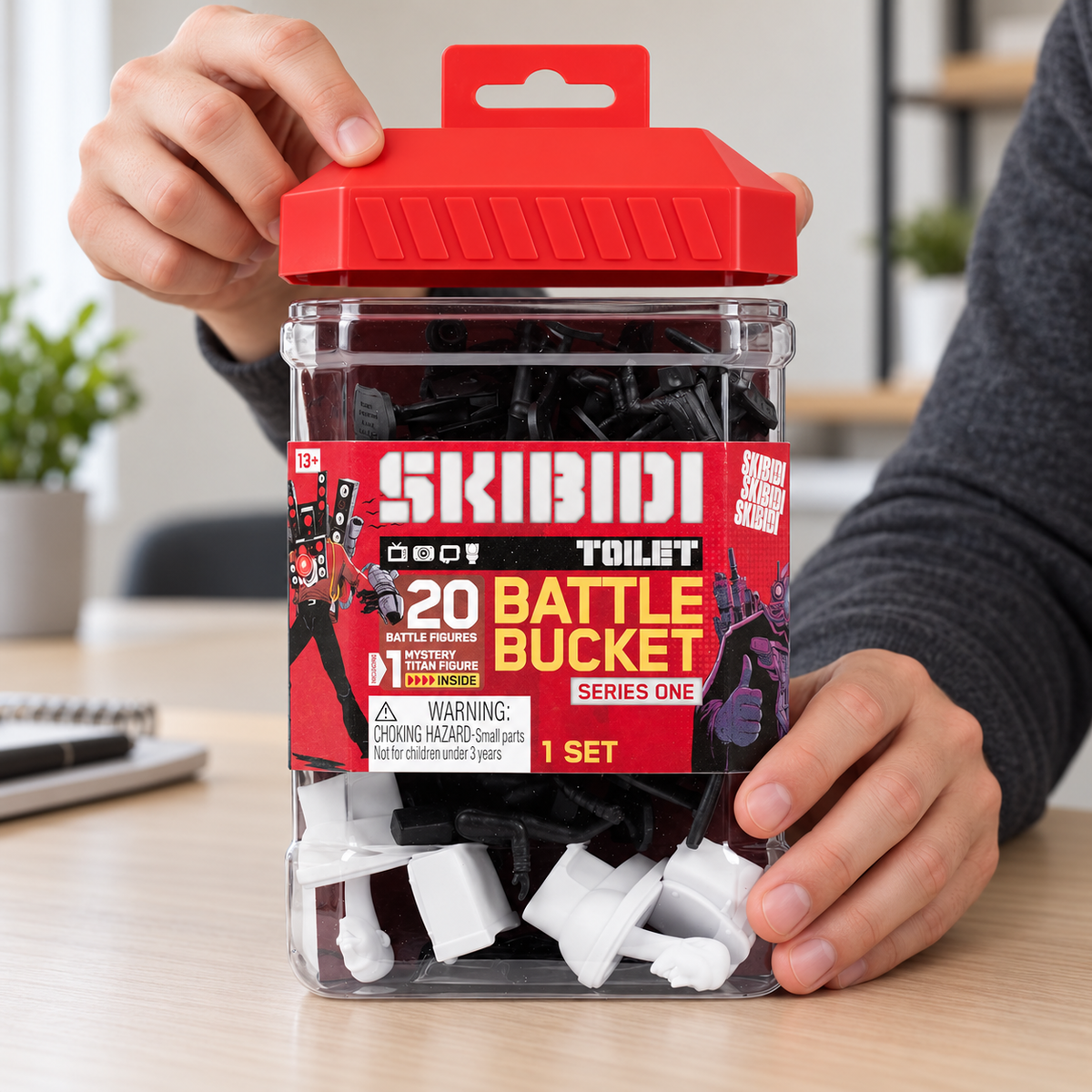 AI-staged view of lifting the red lid of the Skibidi Toilet Battle Bucket