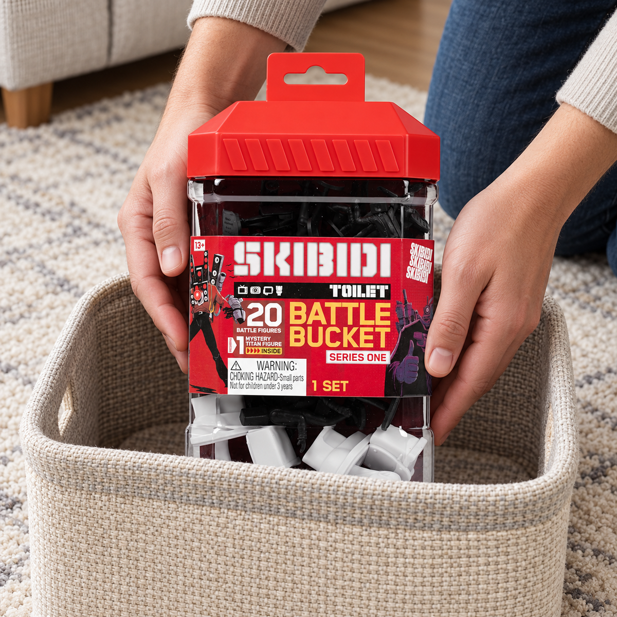 AI-staged storage of the Skibidi Toilet Battle Bucket in a basket; basket not included
