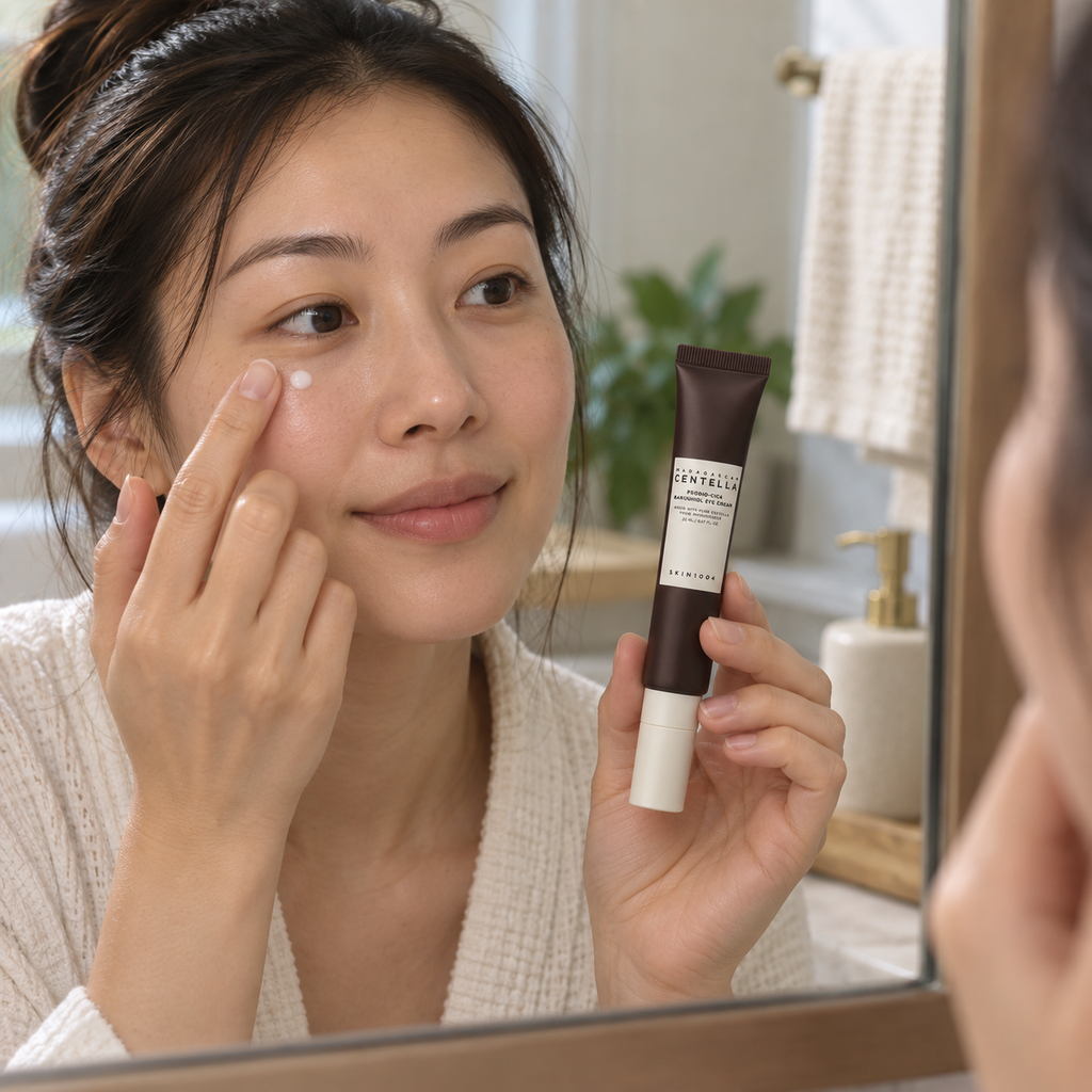 Adult gently tapping eye cream below the eye while holding the SKIN1004 tube