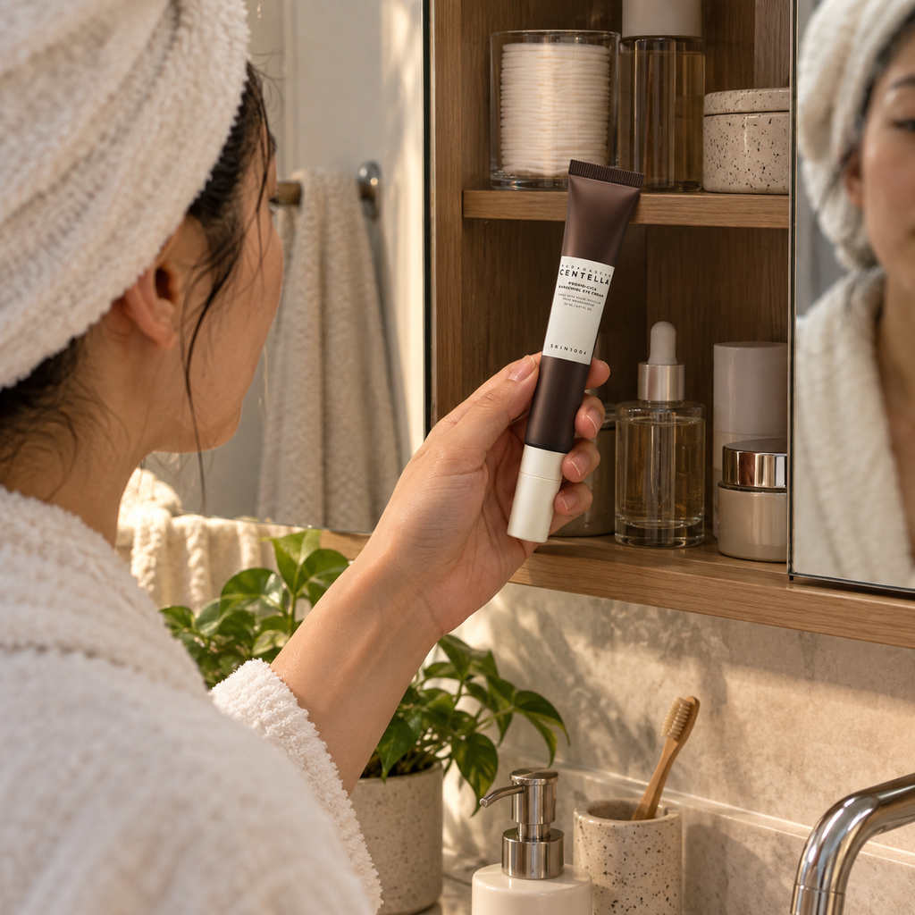 Adult retrieving SKIN1004 Bakuchiol Eye Cream during a bathroom skincare routine