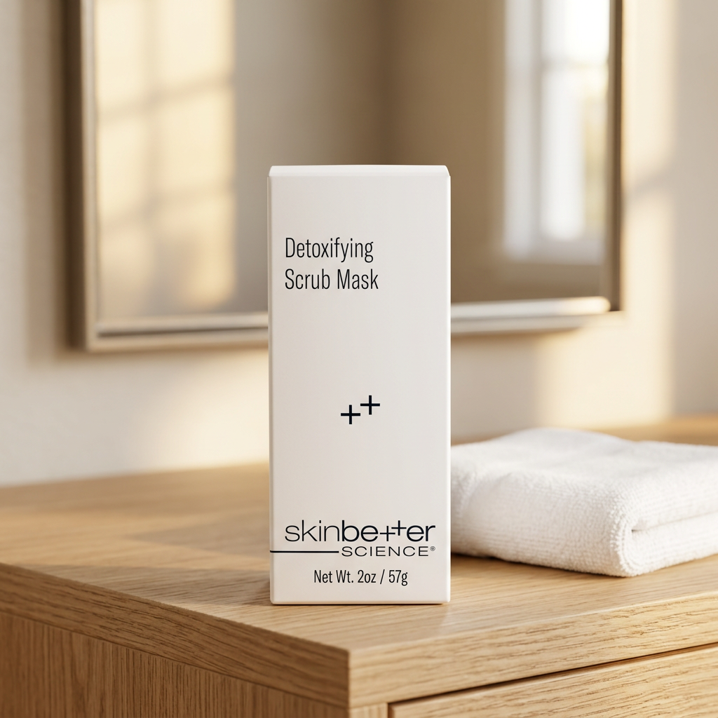 skinbetter science Detoxifying Scrub Mask 2 oz box on a light oak vanity beside a folded washcloth