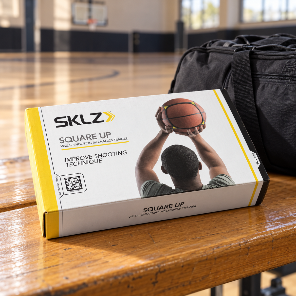 SKLZ Square Up retail box on a gym bench; background props not included.