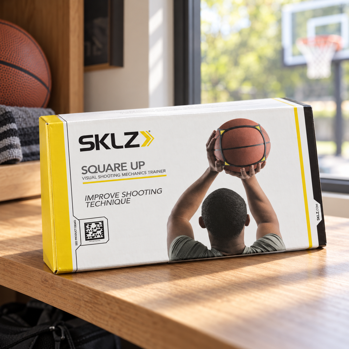 SKLZ Square Up retail box in a home sports area; basketball and background props not included.