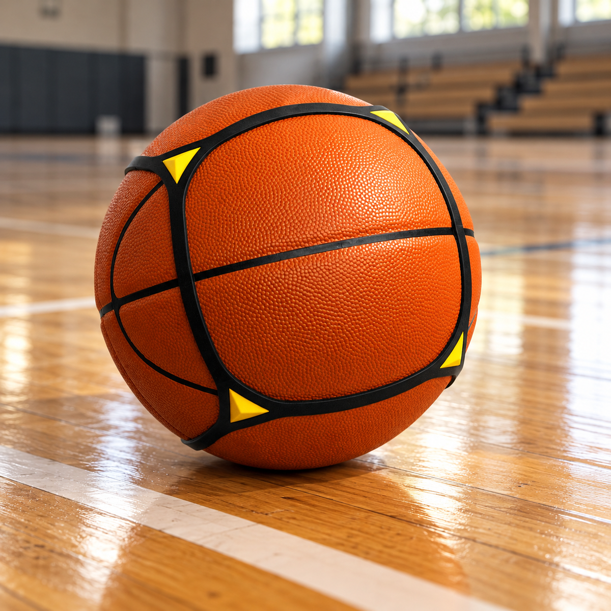 AI-generated scene of SKLZ Square Up fitted around a basketball on an indoor basketball court floor. Basketball not included.