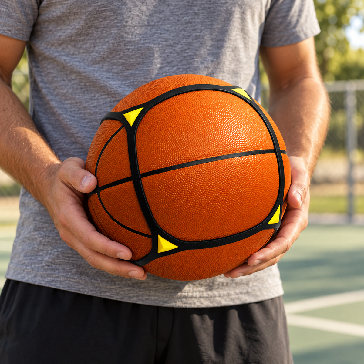 AI-generated scene of SKLZ Square Up fitted around a basketball held by an adult outdoors. Basketball not included.