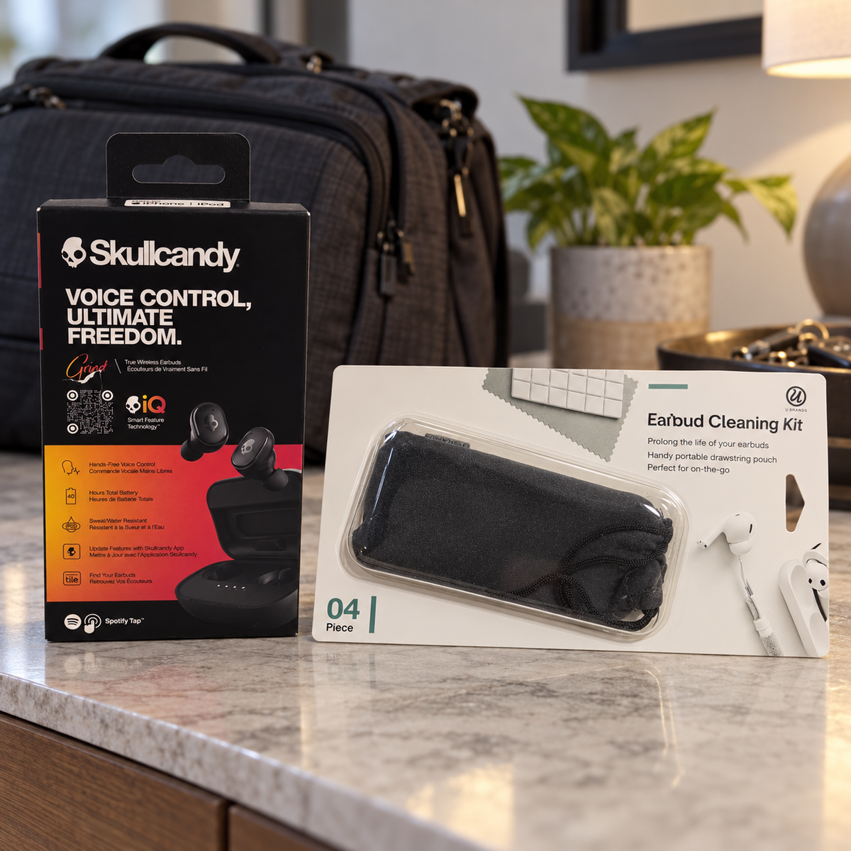 AI-generated lifestyle illustration of one closed black Skullcandy Grind box and packaged U Brands cleaning kit in a commute bag scene; background props not included.