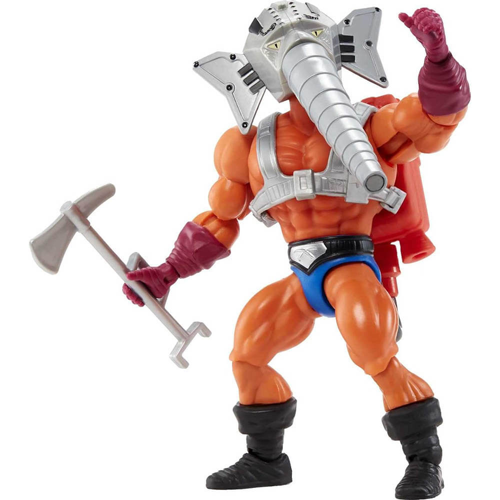Snout Spout Origins figure posed with the long-trunk head, red backpack and silver axe