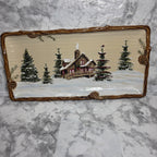 St. Nicholas Square Snow Valley rectangular platter with snowy cabin and raised brown pinecone border