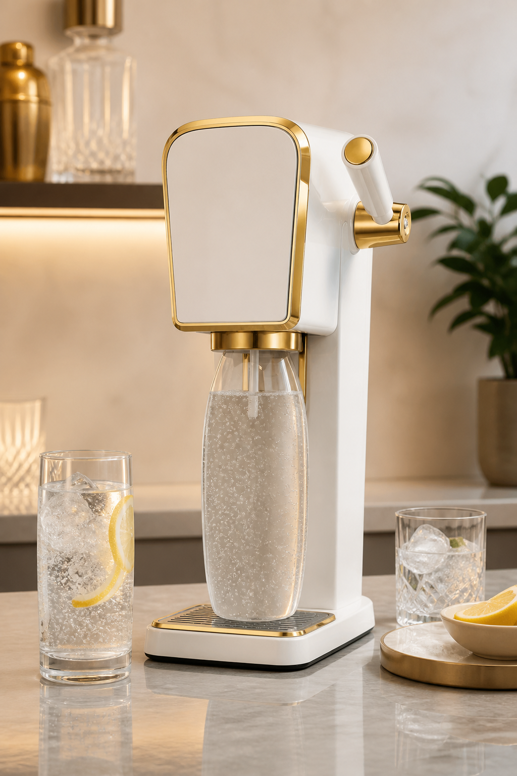 SodaStream ART Gold sparkling water maker lifestyle image at home beverage station - illustrative