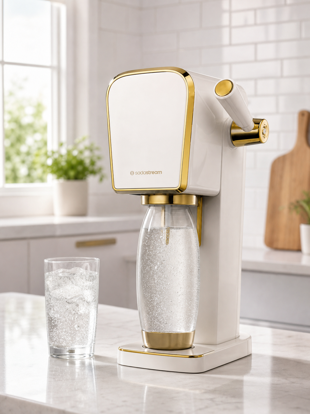 SodaStream ART Gold sparkling water maker lifestyle image in modern kitchen - illustrative