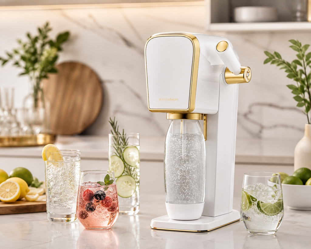 SodaStream ART Gold sparkling water maker lifestyle image with sparkling drinks - illustrative