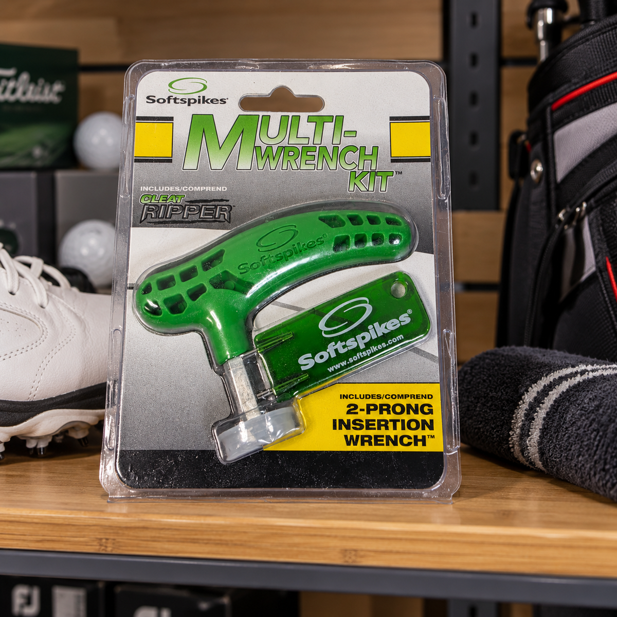 AI-generated lifestyle scene of one closed Softspikes Multi-Wrench Kit package in a gear shelf setting. Other golf gear is background context and not included.