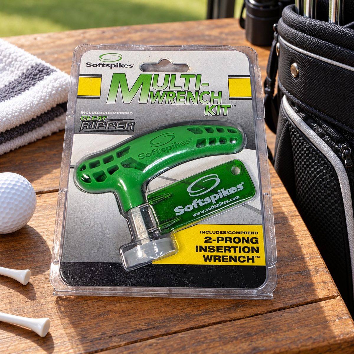 AI-generated lifestyle scene of one closed Softspikes Multi-Wrench Kit package in a travel packing setting. Other golf gear is background context and not included.