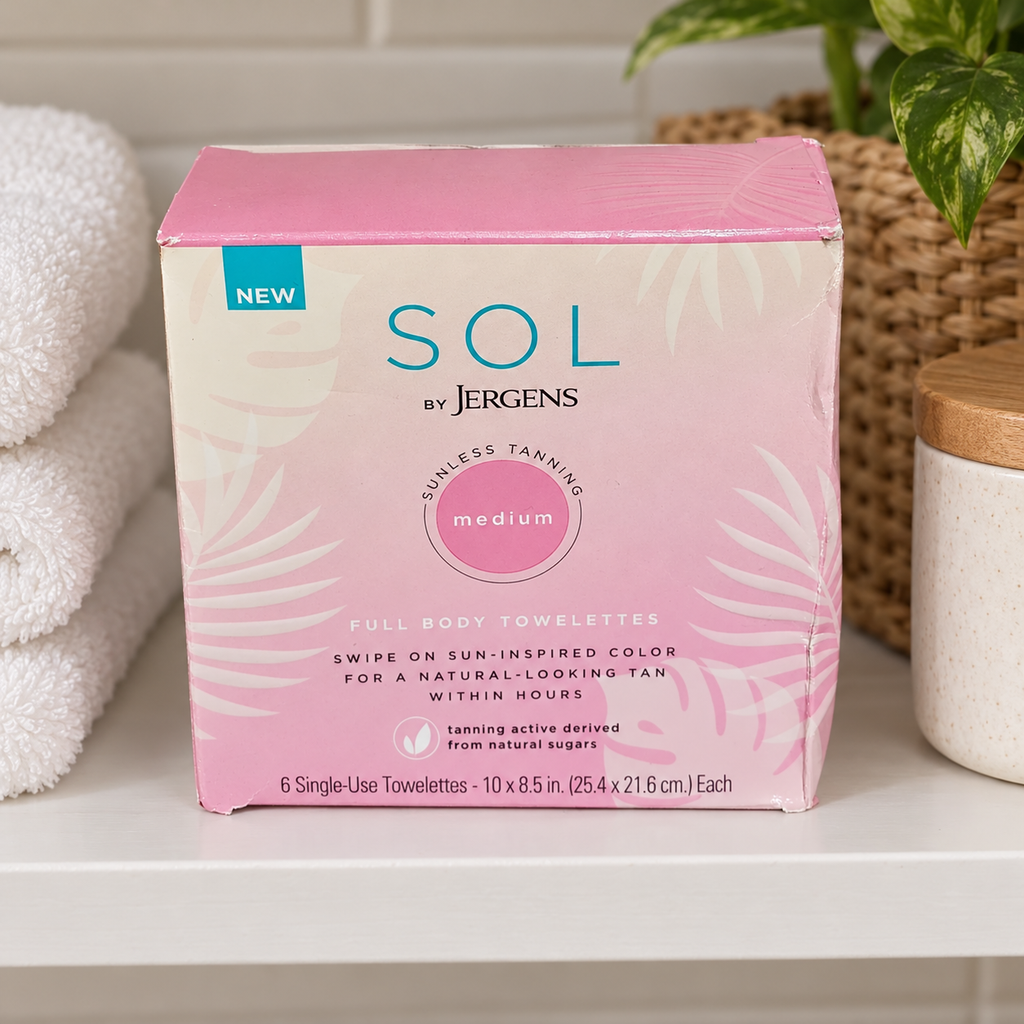 AI-generated lifestyle scene of one closed SOL by Jergens medium six-towelette box in a bathroom shelf setting. Props not included.