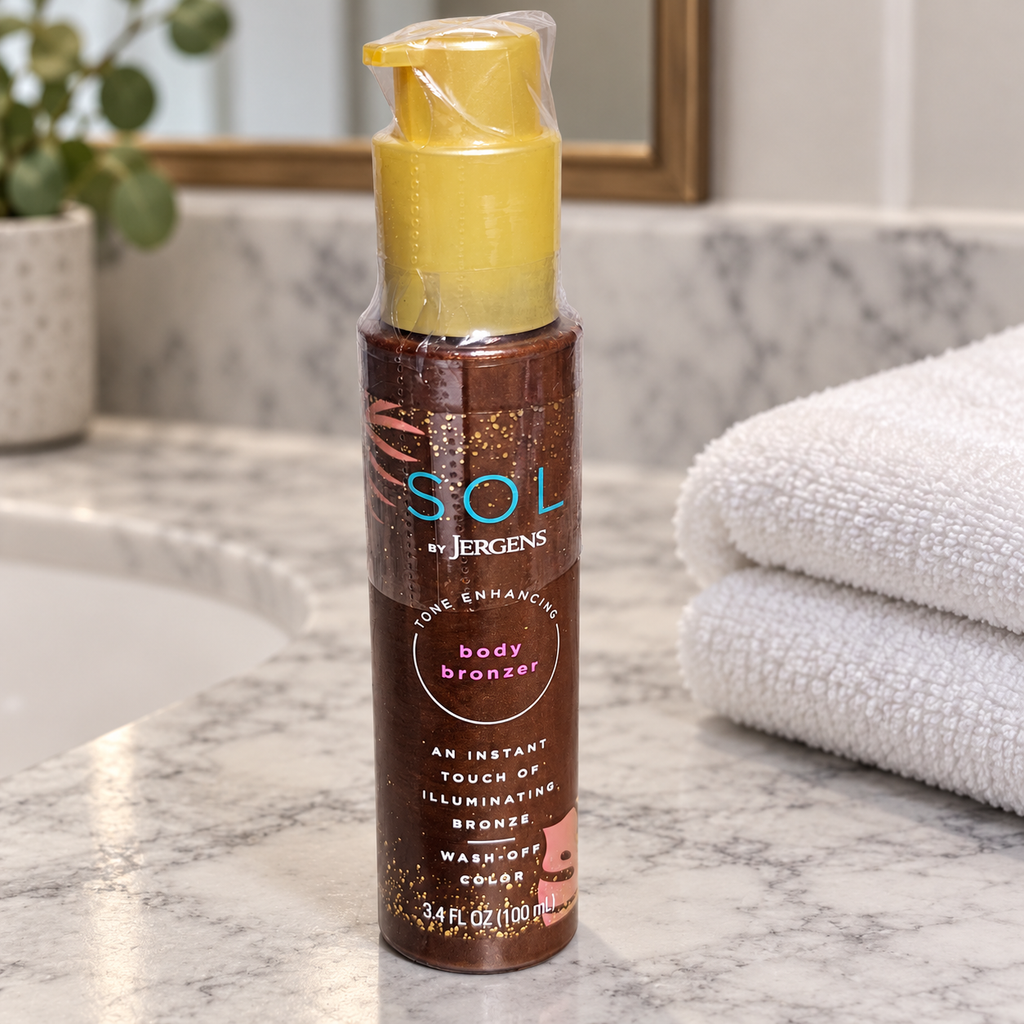 AI-generated lifestyle scene of the wrapped SOL by Jergens wash-off body bronzer 100 mL bottle in a bathroom counter setting. Props not included.