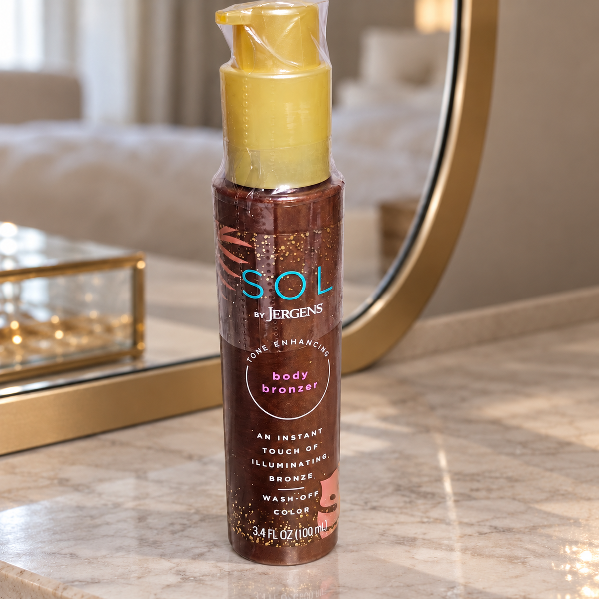 AI-generated lifestyle scene of the wrapped SOL by Jergens wash-off body bronzer 100 mL bottle in a dressing table setting. Props not included.