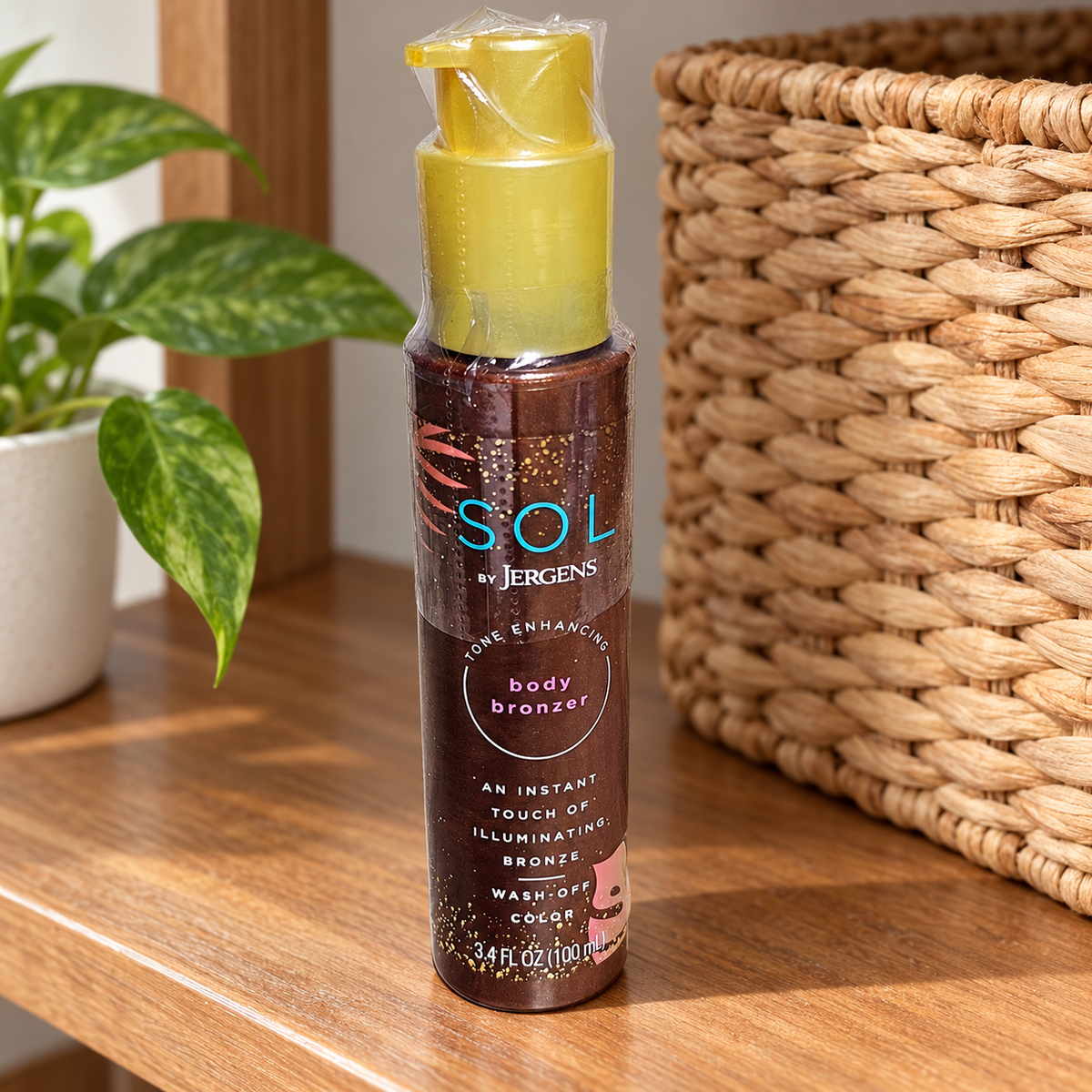 AI-generated lifestyle scene of the wrapped SOL by Jergens wash-off body bronzer 100 mL bottle in a storage shelf setting. Props not included.