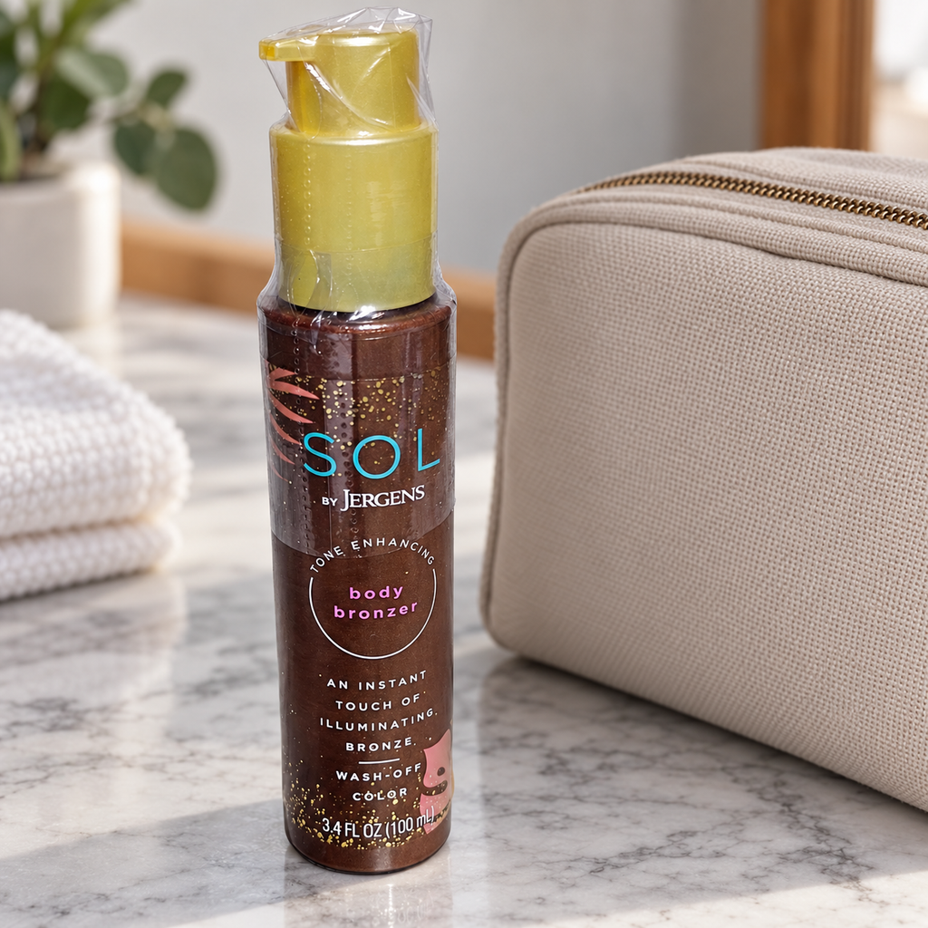 AI-generated lifestyle scene of the wrapped SOL by Jergens wash-off body bronzer 100 mL bottle in a travel packing setting. Props not included.