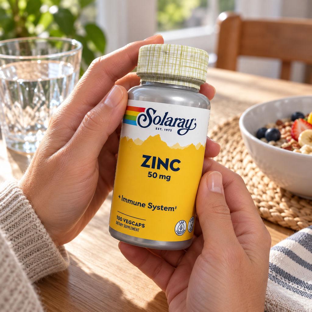 Holding Solaray Zinc 50 mg beside breakfast