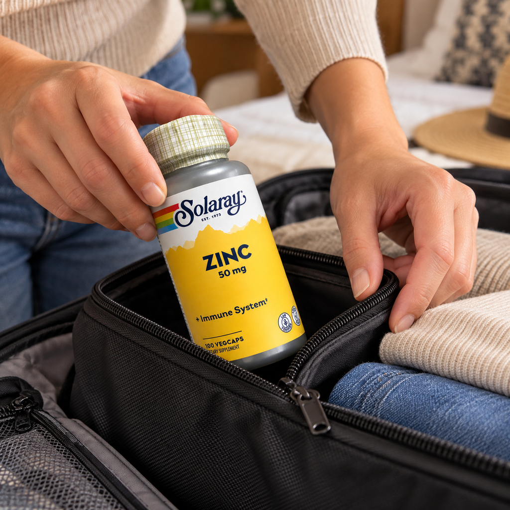 Packing Solaray Zinc 50 mg in a travel pouch