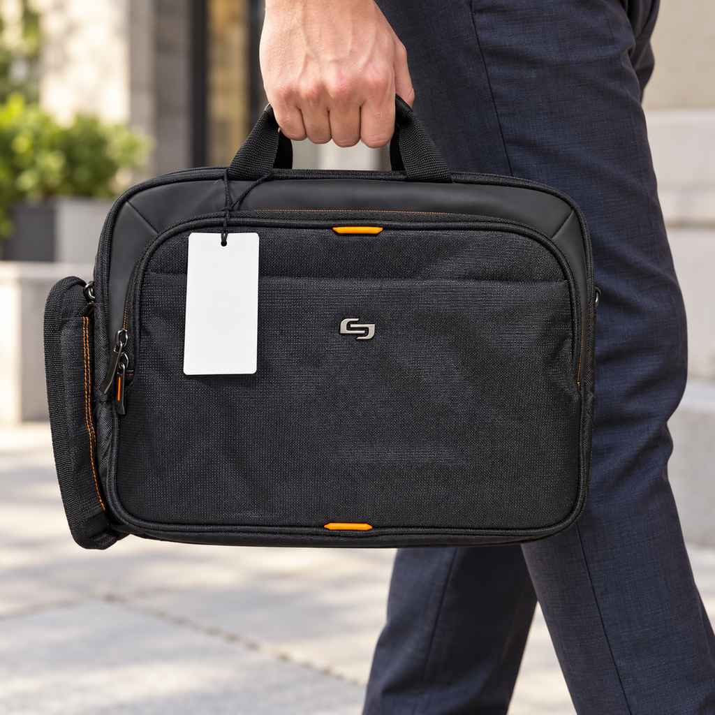 AI-generated lifestyle scene of the closed black Solo New York Ace briefcase with orange accents in a handle carry setting. Props not included; tag shown from reverse.