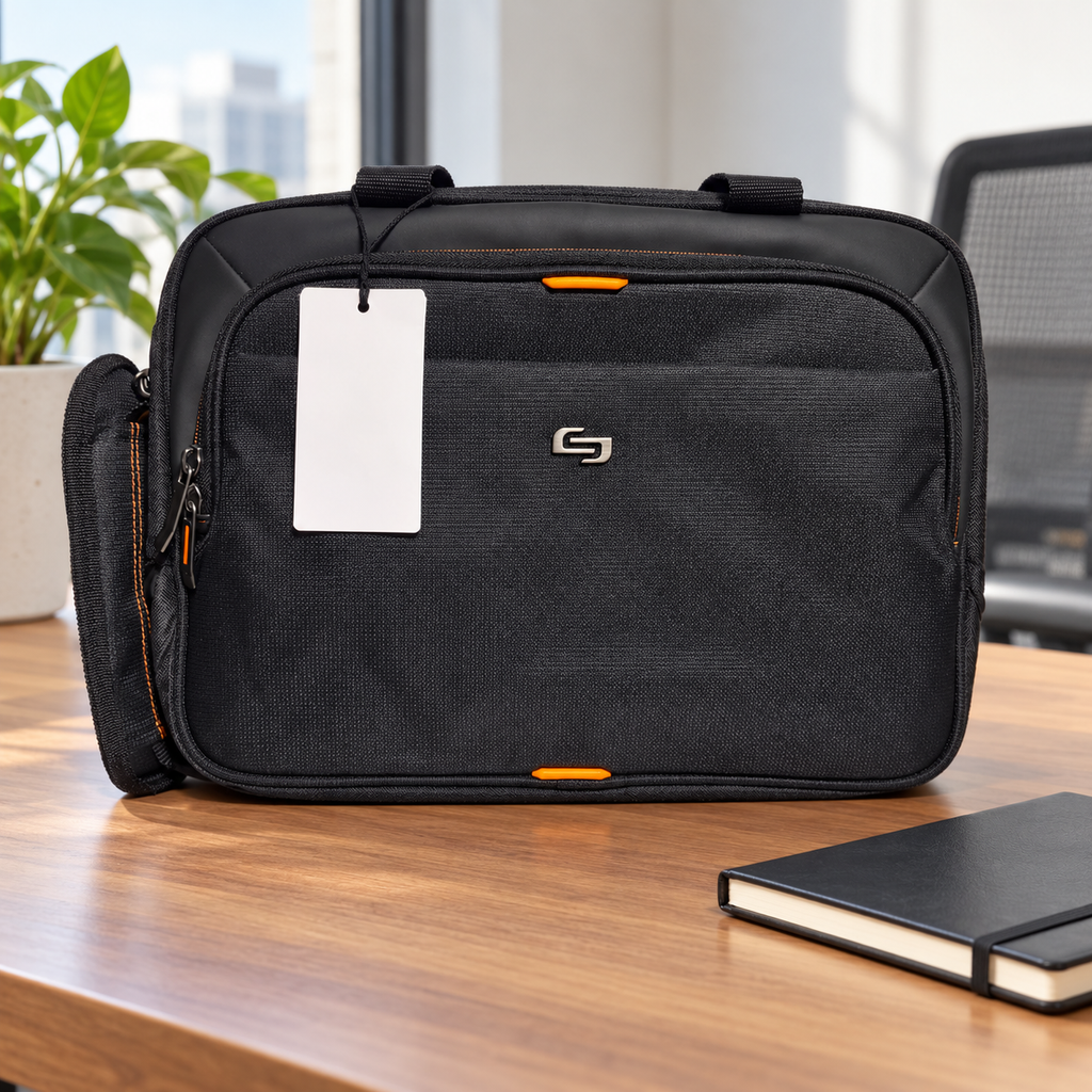 AI-generated lifestyle scene of the closed black Solo New York Ace briefcase with orange accents in an office desk setting. Props not included; tag shown from reverse.